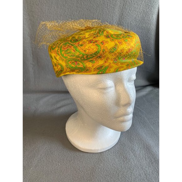 Ladies Yellow and Green Paisley Hat with netting Sz 22 Vintage - Picture 8 of 9